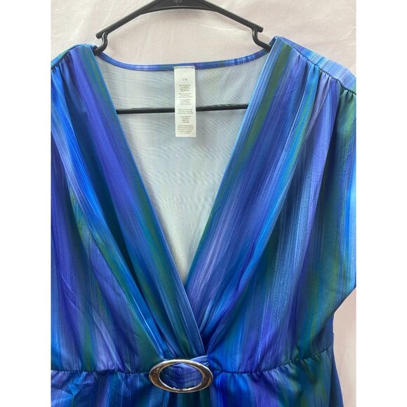 Women's Size LG Blue & Green Cap Sleeve V-Neck Pull-over Blouse w Buckle Accent - Picture 6 of 9
